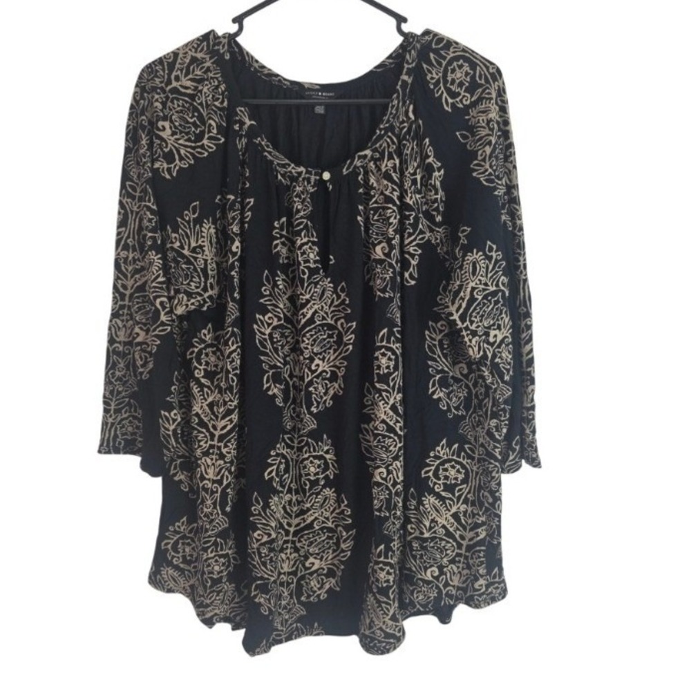 Lucky Brand Blouse 2x Womens Plus Size Black Brown Coquette Geometric Pullover‎